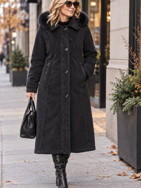 Sequence Black Long Faux Suede Coat Size 10 Faux Fur Hood